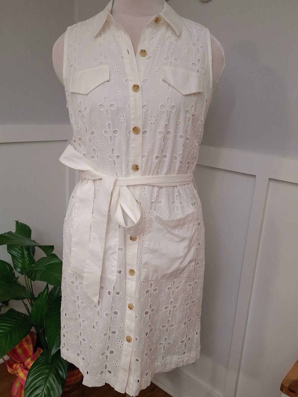 Sleeveless Eyelet Shirt Dress with Belt - White